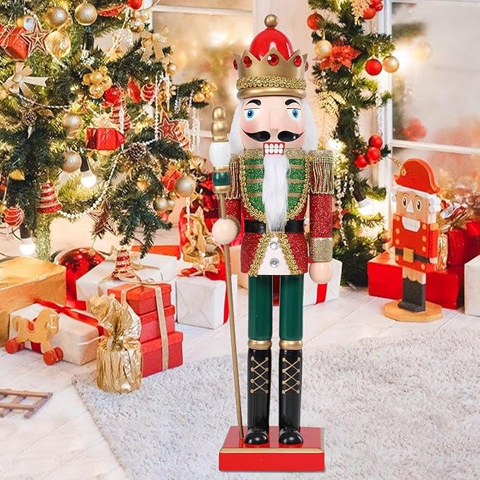 Christmas Nutcracker Decorations Nutcracker Figure 15 Inch Wooden Nutcrackers Collectible Ornament Nutcrackers Soldier for Table Desktop Home Christmas Decor Xmas Indoor Decor Shiny Red