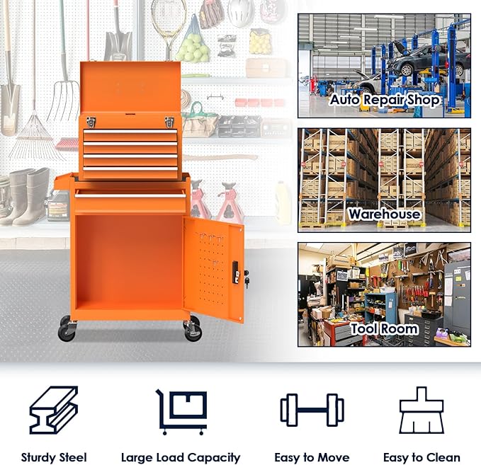 5-Drawer Rolling Tool Chest, High Capacity Removable Tool Storage Cabinet, Detachable Toolbox with Lock for Garage Warehouse and Tool Room (Orange)