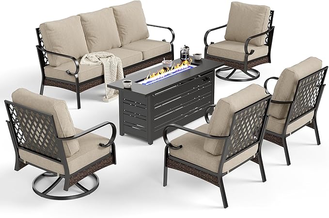 6 Piece Metal Outdoor Patio Furniture Sets with Firepit Table, Patio Conversation Sets 1 3-Seater Sofa, 2 Leg Chair and 2 Swivel Chair with 5.75" Cushion for Backyard Deck, Beige