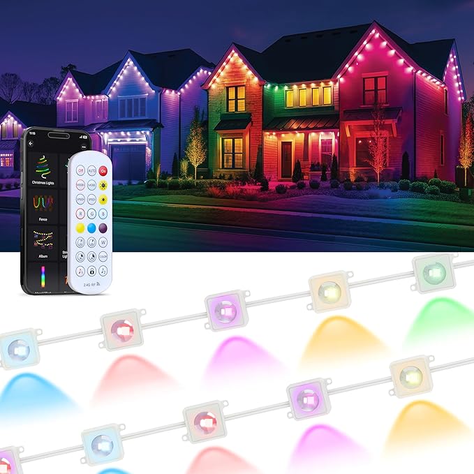 EcoNour 50 FT RGB LED Permanent Outdoor Lights | Smart Waterproof LED Eaves Lights with App & Remote Control | Music Sync, RGB Colorful Light | Alexa Smart Christmas Light for Decorations