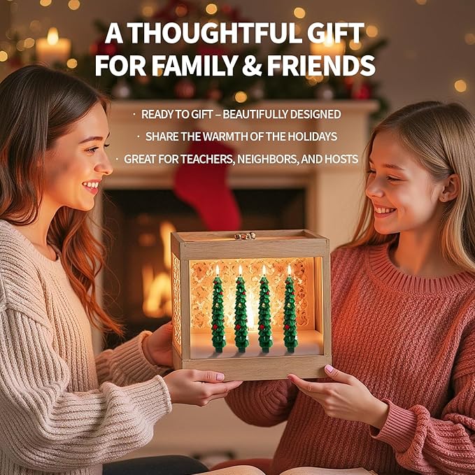 Flameless LED Christmas Tree Candles, 4 Pack – Battery Operated Holiday Decor with Realistic Tree Texture, Warm Flickering Light, Safe for Kids & Pets, Tabletop & Mantel Decorations