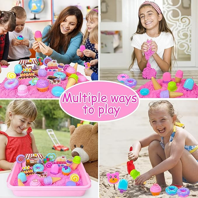 Sensory Bin, Ice Cream Play Sand Set with Magic Sand Toy for Kids, Ice Cream Toys Molds and Cleaning Tools Sandbox with Lid Sand Art Kits for Girls Toddlers Birthday Valentines Gifts