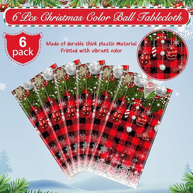 6Pcs Christmas Buffalo Plaid Snowflake Tablecloths,Plastic Red and Black Checkered Rectangle Christmas Tree Color Ball Table Cover for Winter Xmas New Year Holiday Party Decorations,54x108 inch