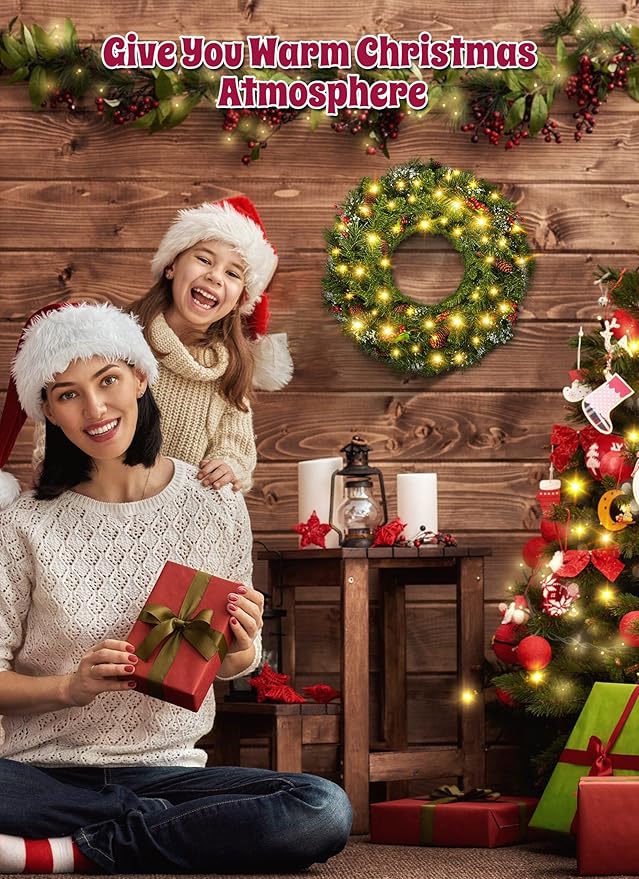Brightown 24 Inch Pre-Lit Artificial Christmas Wreaths for Front Door, Battery Operated Christmas Wreath with 50 LED Lights, Lighted Wreath for Front Door Wall Window