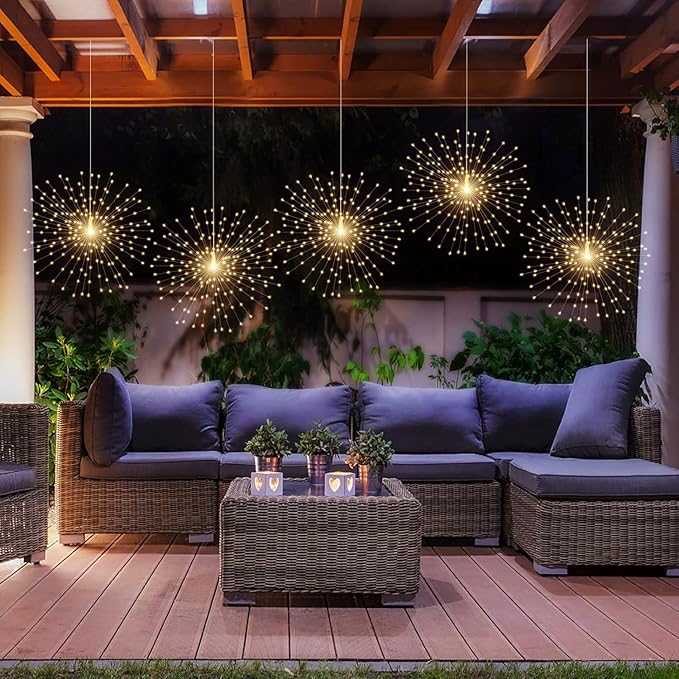3 Pack 600 LED Solar Starburst Sphere Lights Remote Control,LED Firework Light 8 Modes Dimmable Waterproof Hanging Fairy Light, Copper Wire Lights for Patio Parties Christmas (Warm White)