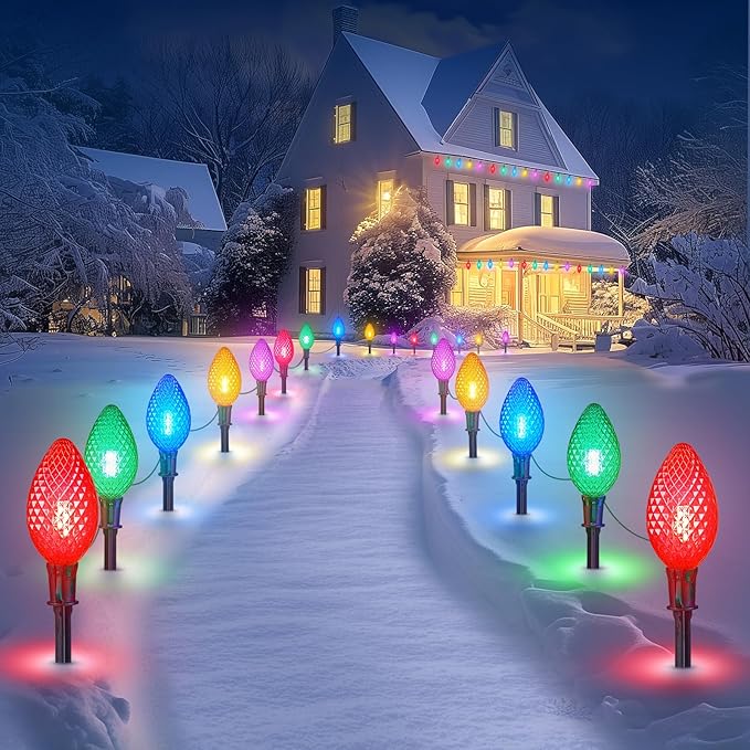 Minetom Double C9 Christmas Pathway Lights Outdoor - 2 Pack 13.5Ft 10 LED With 10 Marker Stakes for Walkway, Waterproof Plug-in C9 Strawberry Lights for Driveway Lawn Decorations