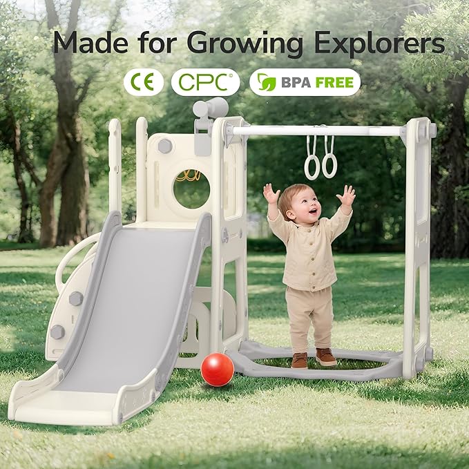 9 in 1 Toddler Slide and Swing Set with Basketball Hoop, Drawing Board, Rings & Telescope Indoor Outdoor Playset for Kids, Playground Activity Center, Toddler Swing and Slide Set