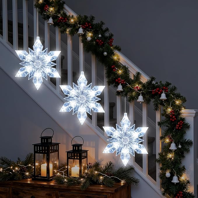 3Pack Christmas Window Lights Decorations with Timer,Battery Powered Christmas Hanging White Lighted Snowflake Shaped LED Sucker for 2026 Xmas Tree Fireplace Indoor Decor