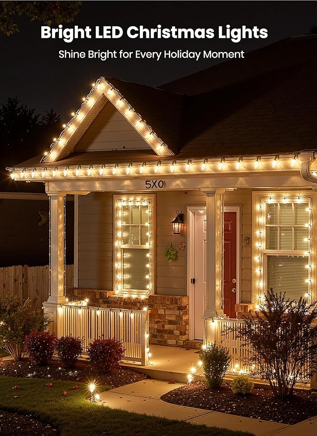 C9 68Ft Led Christmas String Lights 100 LED with Quick Clips Outdoor Waterproof Strawberry Lights, Commercial Grade Extendable for Indoor Outside Roofline Patio Home Xmas Decoration, Warm White