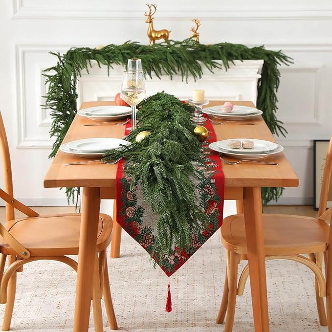 9 FT Christmas Artificial Norfolk Pine Garland, Realistic Touch Greenery Garland for Indoor Outdoor Door Porch Table Fireplace Wall Staircase Holiday Christmas Decorations
