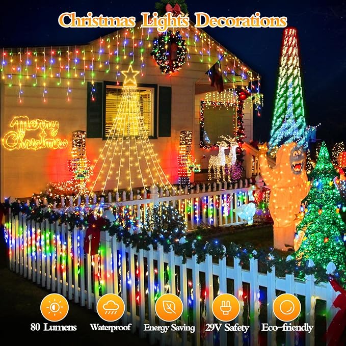 98FT 960 LED Christmas Lights, Waterproof 8 Modes Ice Lights for Outside with Memory and Timer Hanging Fairy Lights Plug-in Curtain String Lights for Holiday Party Wedding Home (Multicolor)
