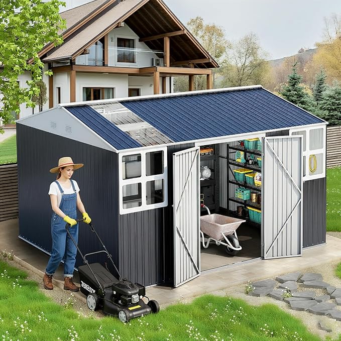 12x10 FT Metal Sheds & Outdoor Storage: Heavy Duty Garden Sheds with Dual Transparent Roof Panels, 2x4-Pane Windows & Hinged Double Doors, Weatherproof Tool Shed for Backyard, Garden, Patio, Grey
