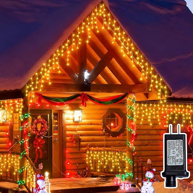 Christmas Outdoor Icicle Lights - 200 LED 21+16 FT 8 Modes Curtain Fairy String Light Plug in, Waterproof for Eaves Yard Holiday Xmas Holiday Indoor Outdoor Decoration - Warm White
