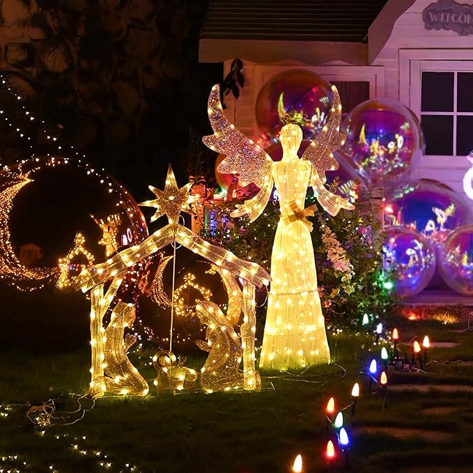 Yescom 2pcs 5.6ft 3D Pre-lit Lighted Outdoor Angel 120V Christmas Decor LED Artificial Holiday Display Sign for Patio Lawn Deck Yard Garden Event with Ground Stakes Warm White, 2025Large Crystal Mary