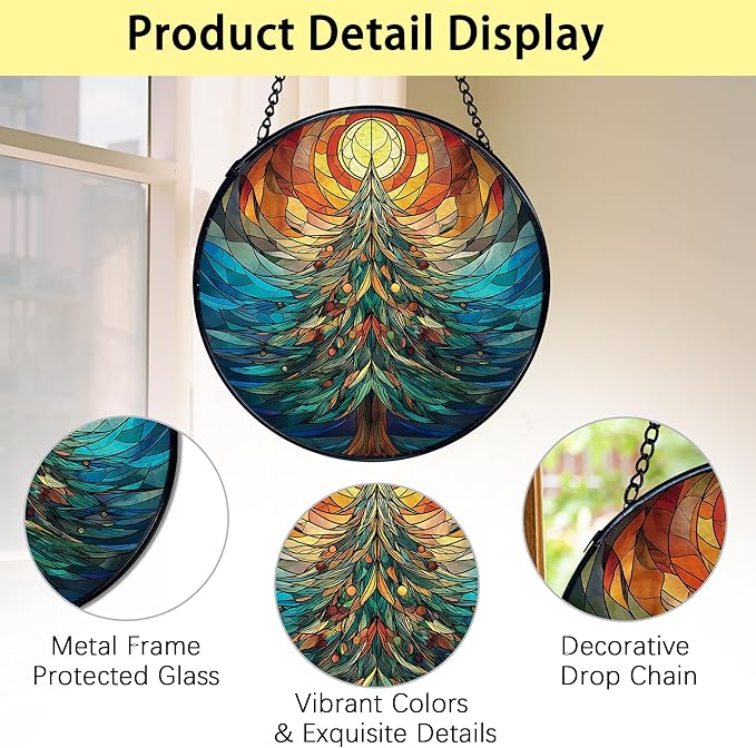 TNUW Christmas Tree Stained Glass Window Hanging, Rustic Winter Christmas Tree Sun Catchers Indoor Window Glass Round Wall Art Decor, Xmas Wall Hanging Decorations, 7.9"x7.9"
