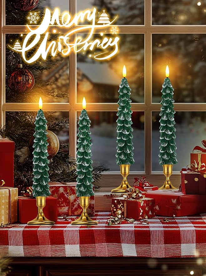 4 Pack Christmas Tree Candles - Real Wax Flameless Taper Candles, 9.7in Green Candlesticks for Christmas Home Table Fireplace Decorations Party Supplies