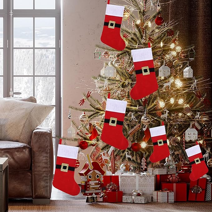 12 Pack Felt Christmas Stockings with Buckle, 19 Inches Red and White Christmas Stockings Hanging Ornaments, White Cuff with Buckle Christmas Stocking for Family Christmas Holiday Decorations