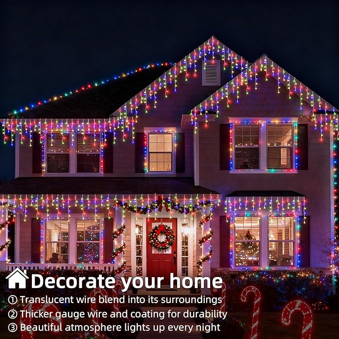 Christmas Outdoor Icicle Lights - 480 LED 66+33 FT 8 Modes Curtain Fairy String Light Plug in, Waterproof for Eaves Yard Holiday Xmas Holiday Indoor Outdoor Decoration - Multicolor