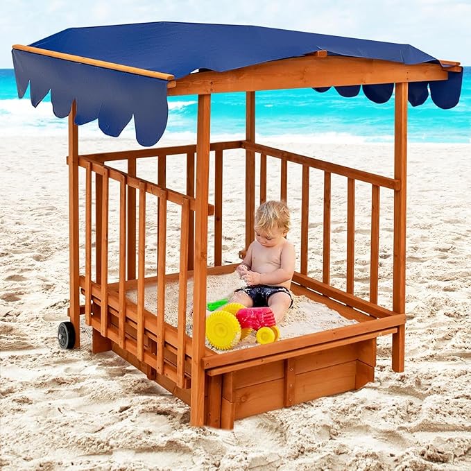 Costzon Kids Retractable Sandbox with Canopy, Wooden Cedar Cabana Playhouse w/Large Play Area, Rear Wheels and Guardrails for Backyard Garden Lawn Beach, Sandbox with Lid for Children Outdoor Play