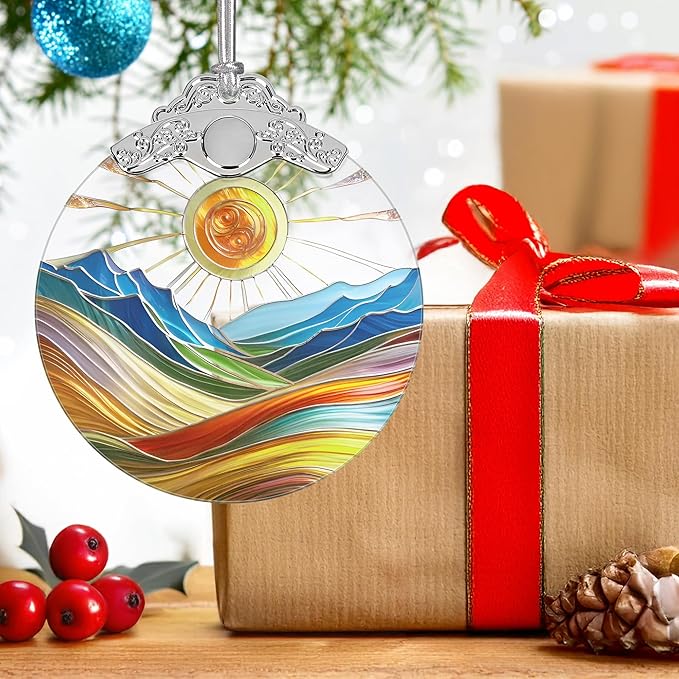 Sun & Mountain 2025 Holiday Ornaments - Christmas Ornaments, Stained Glass Christmas Tree Decor - Gift Idea for Friends - Mountain Theme