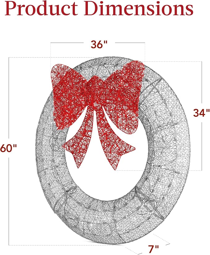Best Choice Products 60in Pre-Lit Outdoor Christmas Wreath Decoration, LED Metal Holiday Decor for Home Exterior, Garden w/ 206 Lights, Bow - Silver/Red