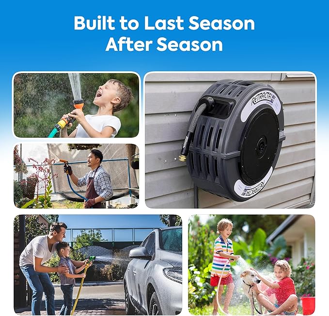 Macnaught Retractable Garden Hose Reel, 60 Ft Water Hose Reel Heavy Duty Retractable Hose with Metal 180¡Æ Swivel Rotation Bracket for Wall Mount - Gray