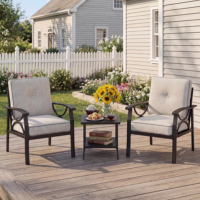 Outdoor Patio Furniture Set, 3 Pieces Metal Patio Conversation Set with Side Table for Porch Backyard Garden, Black