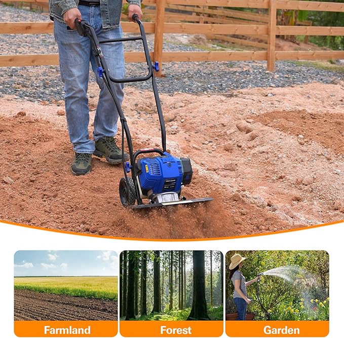 BILT HARD 46cc 4-Cycle 1.9HP Gas Powered Tiller Cultivator - 16 Heavy-Duty Steel Tines Rototiller, Adjustable Wheels & Cushioned Handle Grips for Plowing, Tilling, Weeding in Garden, Farm