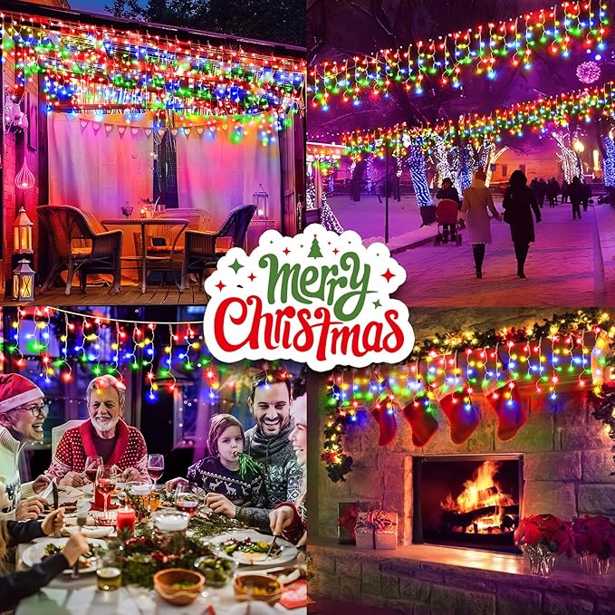 SAUIRS 2Pack 320 LED Christmas Lights Outdoor Decorations with 120 Drops Timer 8Mode 66FT Curtaing Lights Waterproof Plug in Fairy Lights for Indoor,Xmas,Party,Patio,Window,Trees Decor(Multicolor)