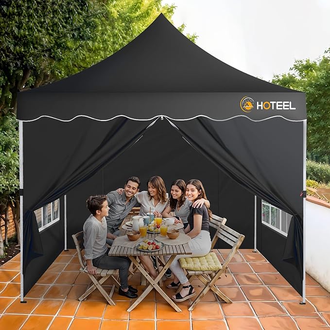 HOTEEL 10×10 Pop Up Canopy with 4 Sidewalls, UV 50+ and Waterproof 10×10 Canopy Tent, Thickened Frame, Large Space Easy Pop Up Canopy, Outdoor Canopy for Weddings, Beaches, Parties, Patio (Black)