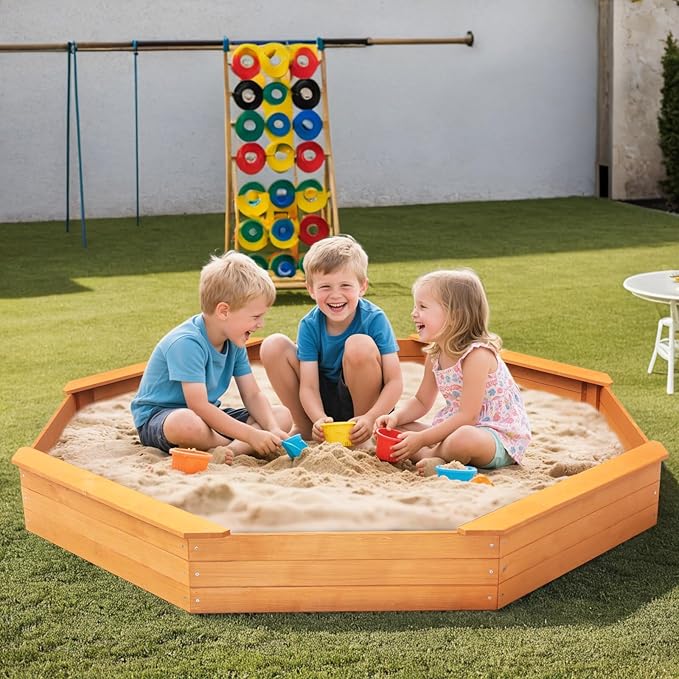 Kids Large Octagonal Wooden Outdoor Sandbox with Cover, 4 Built-in Benches Extra Large Sandpit, Bottom Liner, Playset Gift for Backyard Garden Easy Assembly