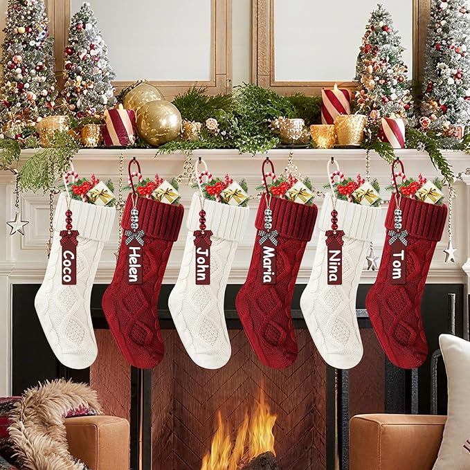 Christmas Stockings 18 Inches,Long Knitted Stocking with Name Tags, Christmas Decoration Hanging Stockings Fireplace Xmas Tree Ornaments for Home Family
