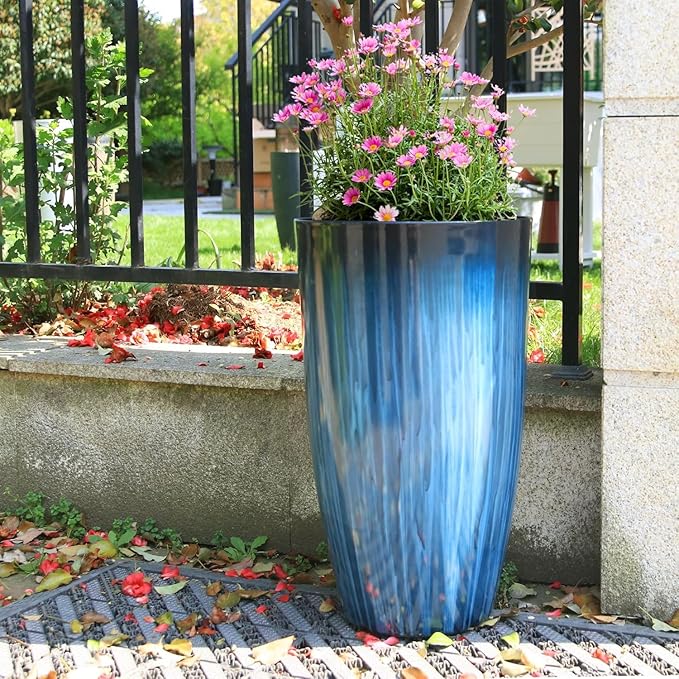 Worth Garden 23.5" Tall Plastic Planters Set of 2 with Drainage Holes, Gradient Blue Glossy Finish, Large Lightweight Round Plant Pots for Indoor Outdoor Use, Decorative Flower Pots for Front Porch