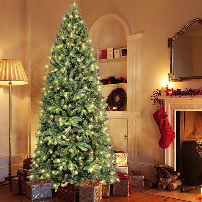 Prelit Artificial Christmas Tree 7ft,Green Spruce Christmas Tree Prelit with 400 Lights, 1318 Branches Tips Easy to Assemble for Home Holiday Outdoor Decorations