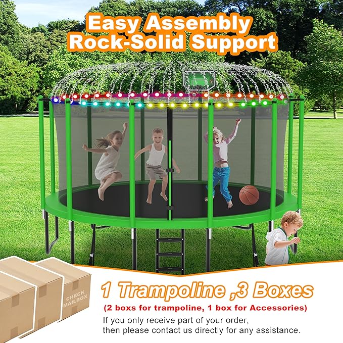 DeepRoar 2026 Upgraded 8FT 10FT 12FT 14FT 15FT 16FT Outdoor Tranpoline for Kids, Big tranpoline with Basketball Hoop, Lights, Sprinkler & Socks, Heavy Duty tranpoline 1500LB, ASTM Approved Tranpoing
