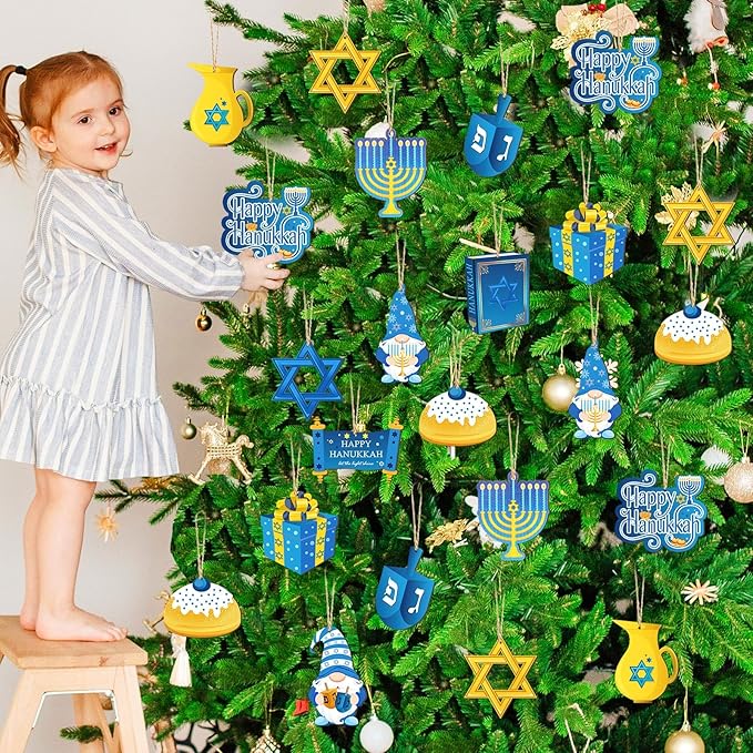 Qunclay 36 Pcs Hanukkah Ornaments Chanukah Wooden Hanging Ornament Star of David Menorah Gnome Happy Hanukkah Wood Pendant Blue Yellow Jewish Home Decorations for Christmas Tree Party Decor