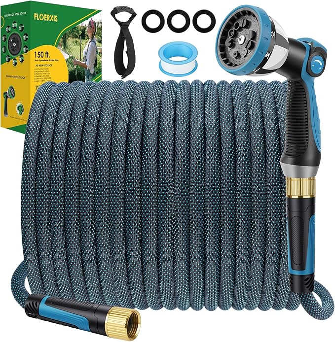 Non-Expandable Garden Hose 150 FT, Lightweight Hose with 10 Function Spray Nozzle, Kink-Free Flexible Water Hose, Durable, Leak-Proof, 360¡Æ Swivel Connectors, Portable Storage Strap