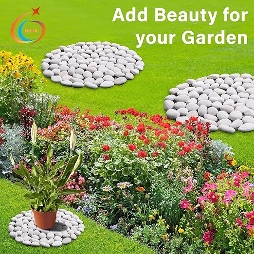 10in River Rock Stepping Stones Set - 6 Pack | Polished Pebble | Long-Lasting PVC Mesh Backing | Perfect for Garden Paths and Lawns Outdoor Landscaping Decoration | White Circle