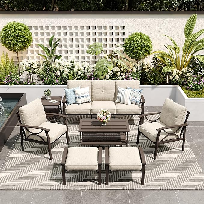 7-Piece Outdoor Patio Furniture Set, Outdoor Metal Sectional Furniture with Cushions, Outdoor Conversation Seating Set with Side Table for Backyard, Garden, Balcony, Deck, Khaki