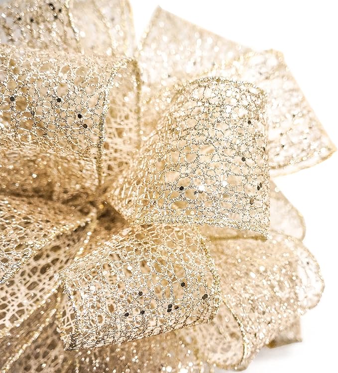 CT CRAFT LLC Champagne Gold Glitter Mesh Christmas Tree Topper Bow 11" with 4 Ribbon Streamers x 3 Yards Long Each for Holidy Elegant Fancy Home Décor Indoor