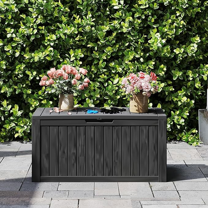 Mersco 72 Gallon Double-Wall Resin Deck Box - Lockable Waterproof Outdoor Storage Box, 515lbs Capacity & Doubles as Seating for Patio Furniture - Garden Tools, Pool Accessories (Black)