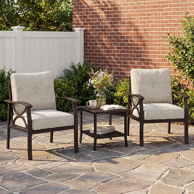Outdoor Patio Furniture Set, 3 Pieces Metal Patio Conversation Set with Side Table for Garden Porch Backyard, Khaki