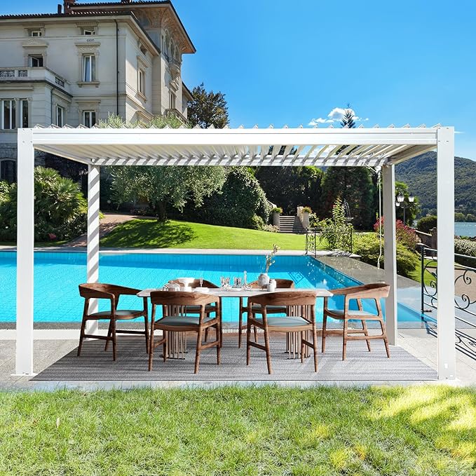 10’ x 13’ Louvered Pergola, Outdoor Pergola Aluminum Frame with Adjustable Rainproof Metal Roof, Permanent Sun Shade with Drainage System for Backyard, Garden and Lawn (White)