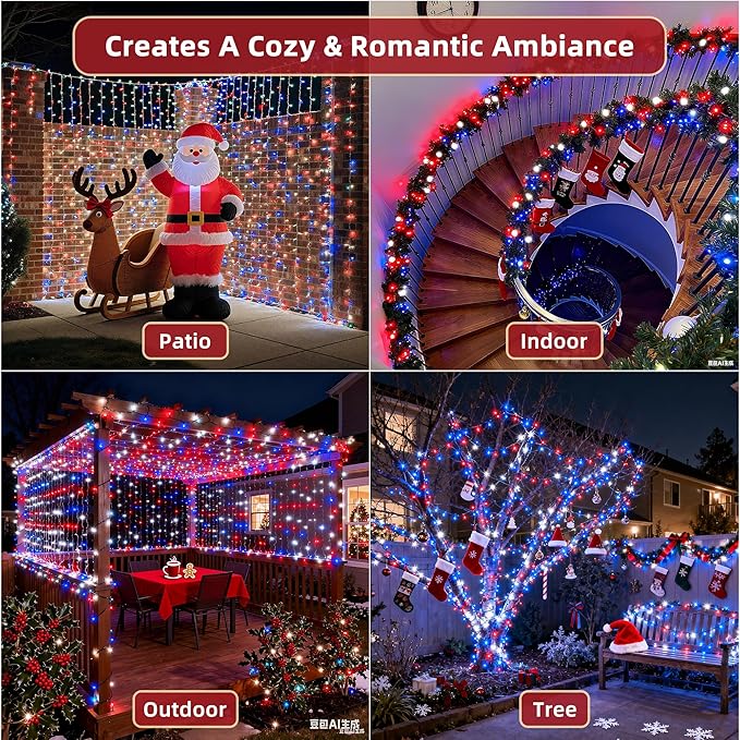 240ft Outdoor Christmas Lights, 750 LED Super Long String Lights 12 Modes & Timer Memory, Dimmable Waterproof Light Strings for Xmas Room Garden Wedding Party Holiday Decorations Red White & Blue