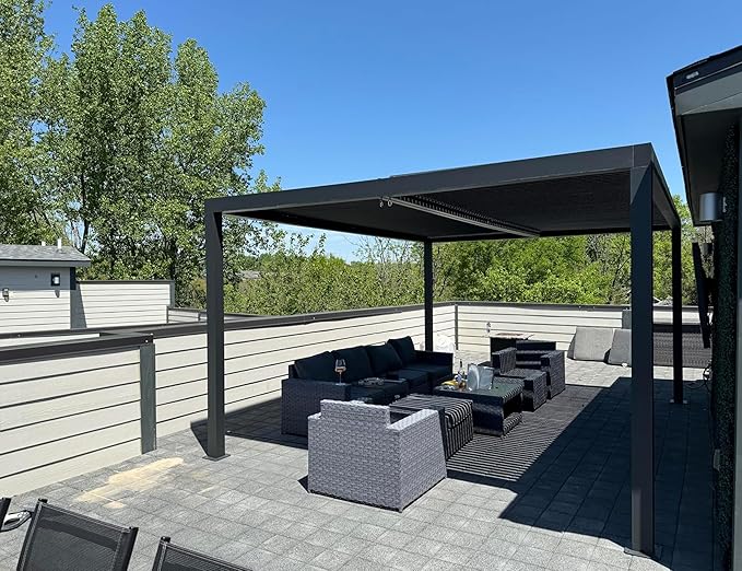 PURPLE LEAF Louvered Pergola 94AS 11' x 15' Aluminum Metal Outdoor Pergola wtih Adjustable Louvered Roof and Integrated Drainage System for Patio Deck Backyard Modern Gray Gazebo