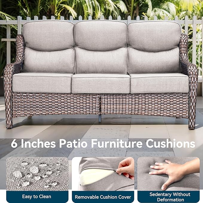Luxury High Back Outdoor Furniture with 6-Inch Thick Cushions, Patio Furniture Set with Swivel Chairs, 8 PCS Wicker Conversation Set for Porch, Balcony, Deck and Yard