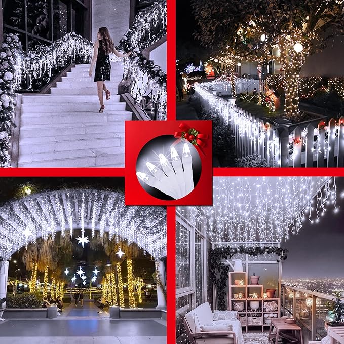 82 FT Outdoor Christmas Lights with 176 Drops, Christmas Decorations Fairy Lights 616 LED 8 Modes, Plug in Waterproof Hanging String Lights for Home Xmas Tree Yard Wedding Party Cool White