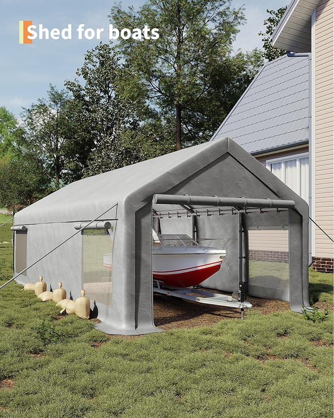 13X25 Ft Carport Canopy,Portable Garage with 4 Roll-Up Windows & Doors, Heavy-Duty 200g PE Tarp, Waterproof UV Resistant Anti-Snow Shelter for Car, Truck, Boat, Motorcycle