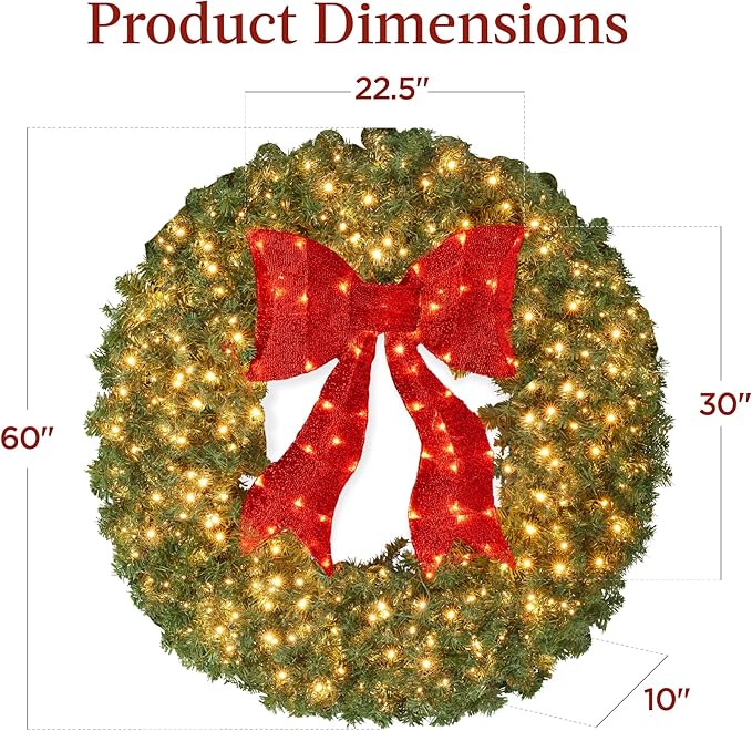 Best Choice Products 60in Large Artificial Pre-Lit Fir Christmas Wreath Holiday Accent Decoration for Door, Mantel w/Red Lighted Bow, 375 LED Lights, 930 PVC Tips, Power Plug-in