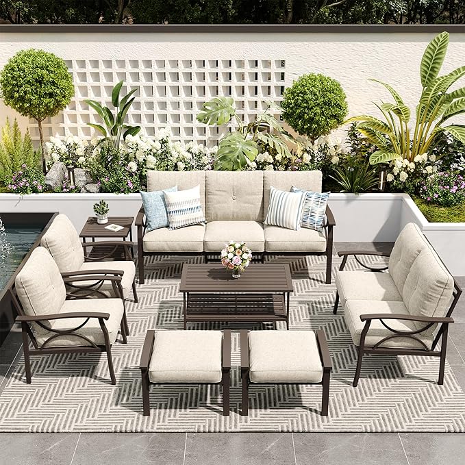 8-Pieces Outdoor Patio Furniture Set, Outdoor Metal Sectional Furniture with Cushions, Outdoor Conversation Seating Set with Coffee Table for Garden, Balcony, Deck, Backyard, Khaki